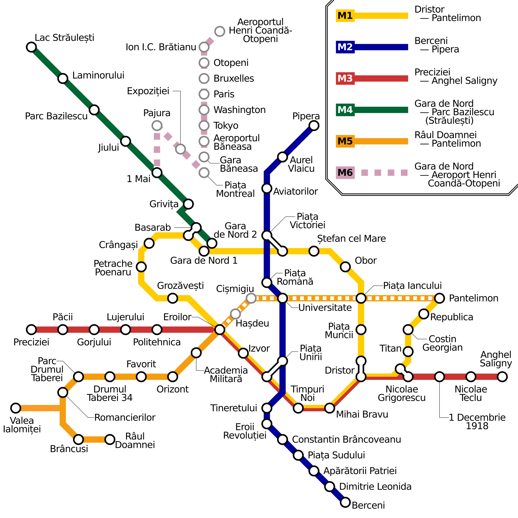 Harta metrou București cu liniile M1, M2, M3, M4 și M5 și toate stațiile
